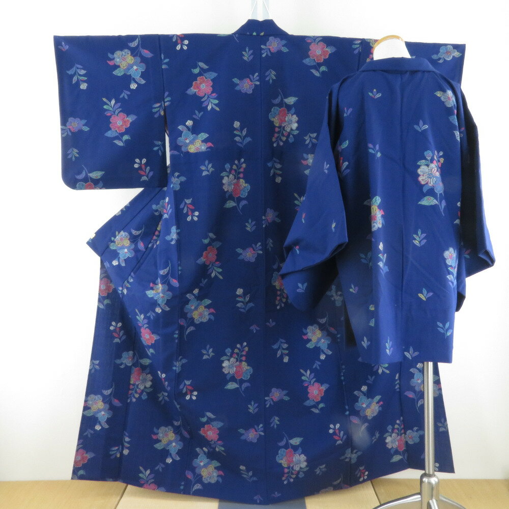 ウール着物 アンサンブル 羽織セット 花柄 単衣 紫色 バチ衿 カジュアルきもの 仕立て上がり 身丈159cm..