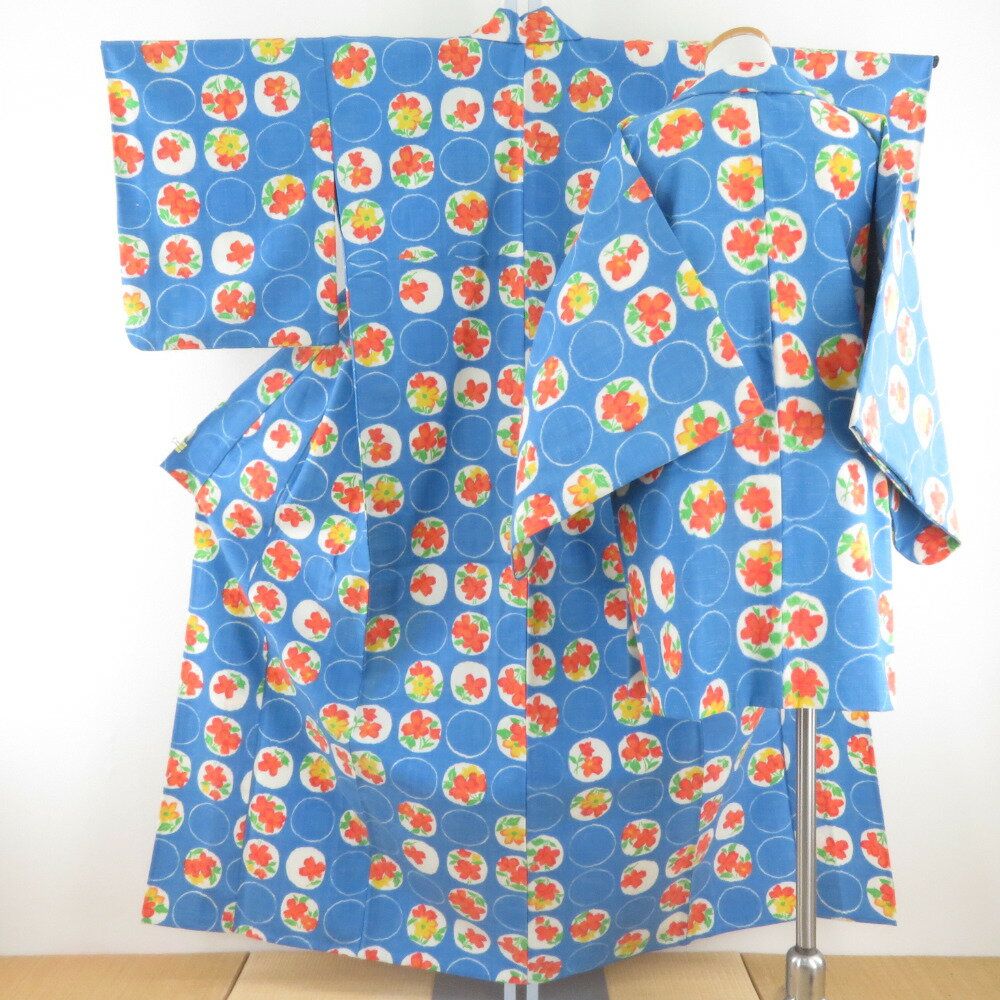 ウール着物 アンサンブル 羽織セット 花丸柄 単衣 水色 バチ衿 カジュアルきもの 仕立て上がり 身丈153..