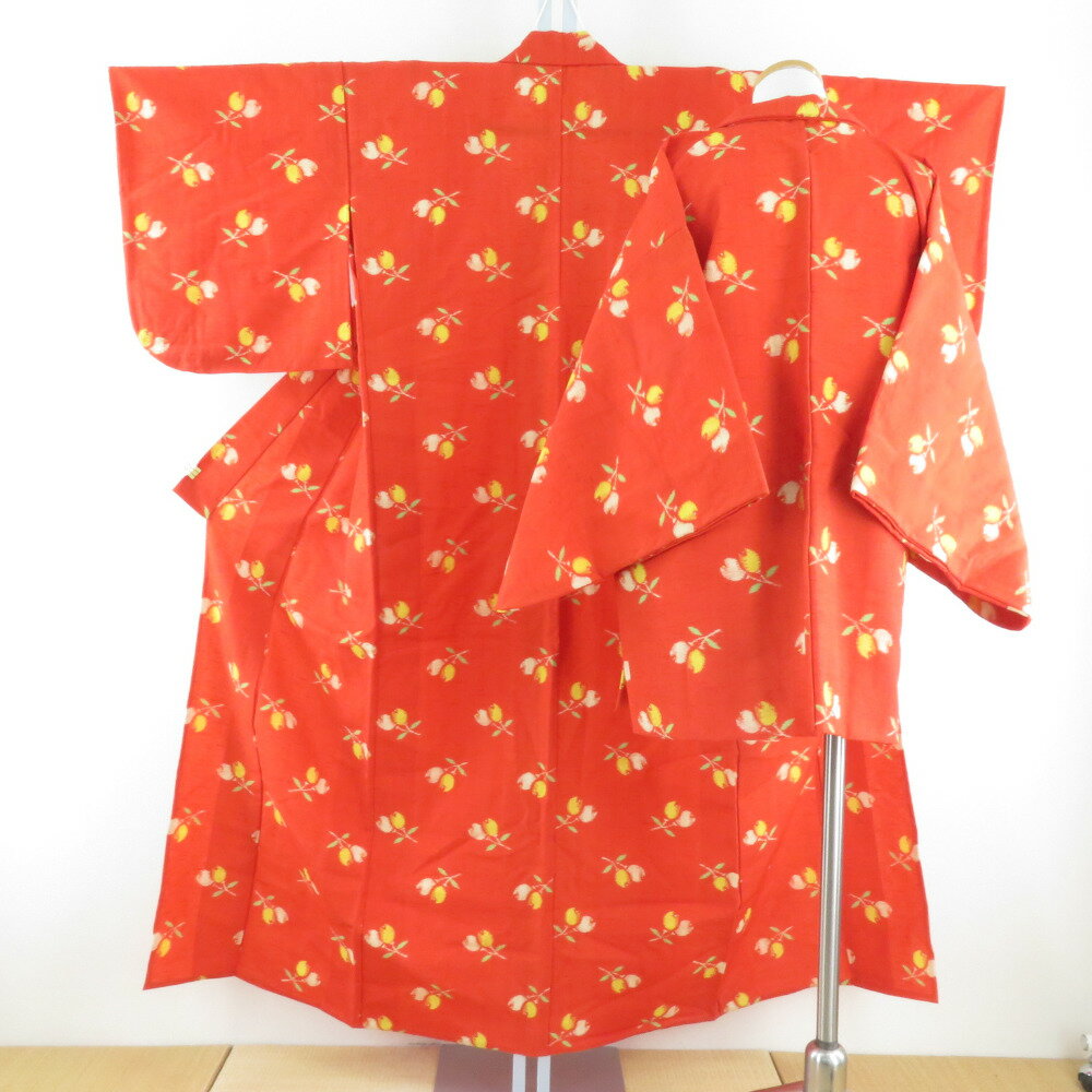 ウール着物 アンサンブル 羽織セット 花柄 単衣 橙色 バチ衿 カジュアルきもの 仕立て上がり ジュニア..