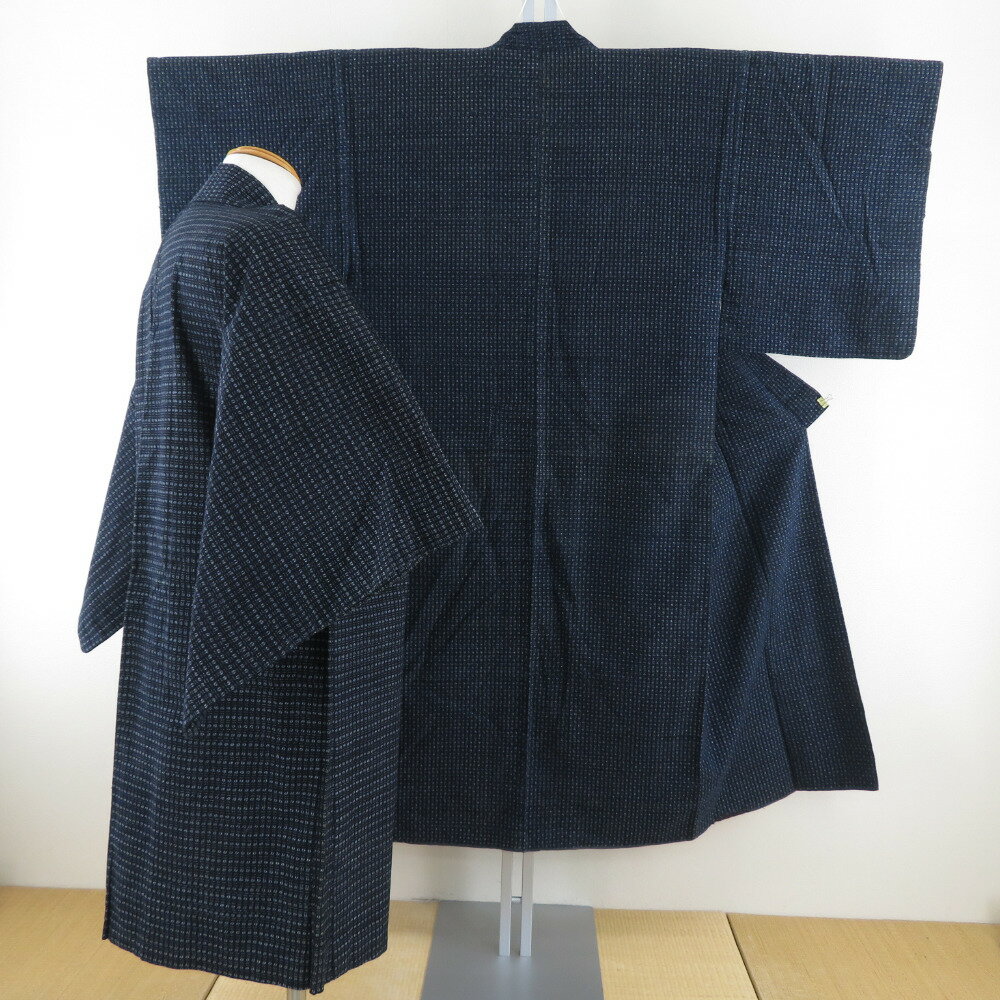 男着物 アンティーク 木綿 アンサンブル 書生絣 紺色x青色x灰色 袷 カジュアル着物 羽織 着流し 身丈133cm【中古】