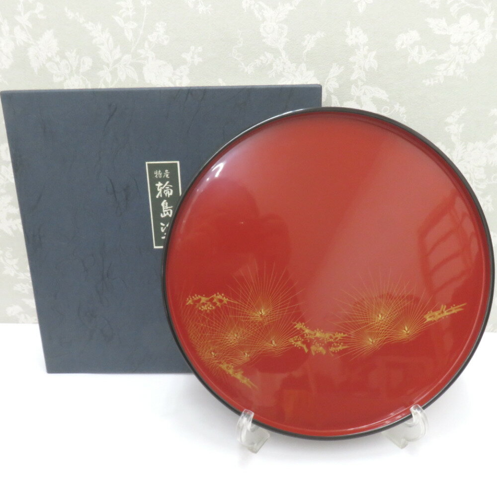 骨董・民芸品 輪島塗 丸盆 平盆 お盆 漆器 沈金 能登輪島 漆芸 天然木 箱有【中古】