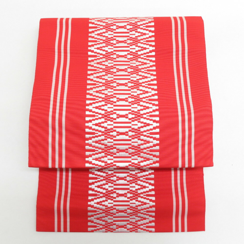 Nagoya Sash - 名古屋帯 八寸帯 正絹 赤色x白色 博多織 献上柄 全通柄 仕立て上がり 着物帯 長さ355cm【中古】