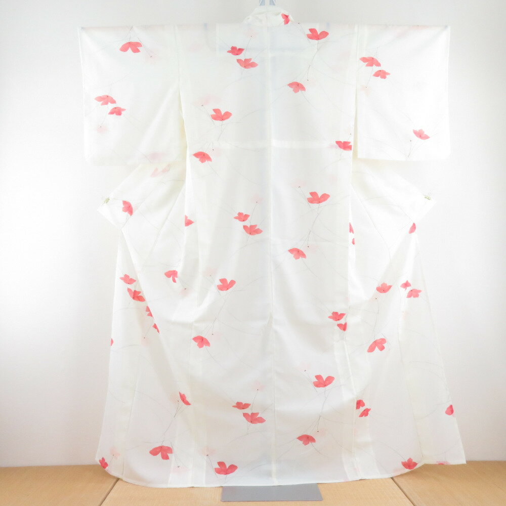 Summer Wear - 夏着物 小紋 草花文様 クリーム色 単衣 広衿 絽 ポリエステル 洗える着物 夏用 仕立て上がり 身丈162cm【中古】