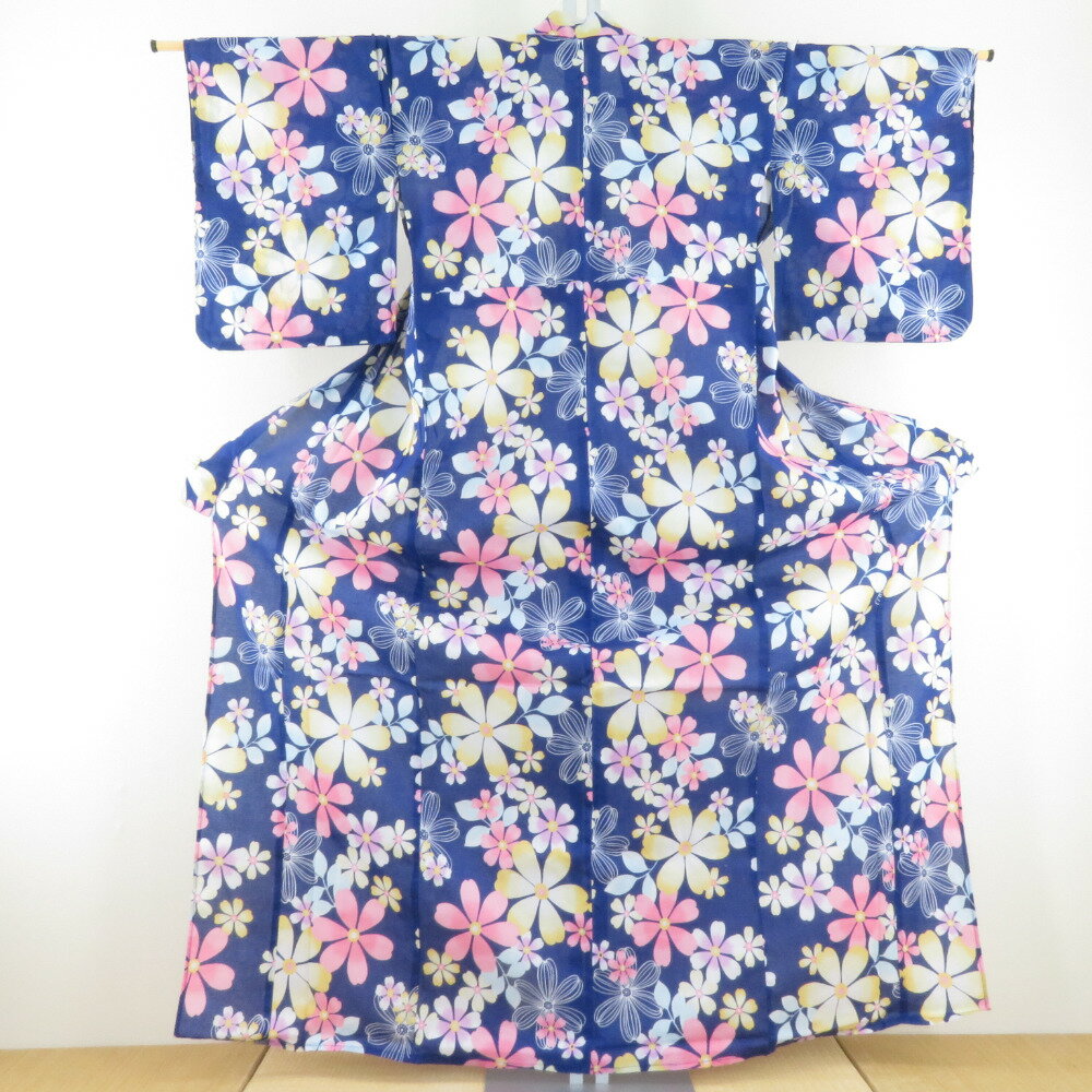 浴衣 花文様 女性用ゆかた 青紫色 綿100% 夏物 レディース 仕立て上がり 夏祭り 身丈164cm【中古】
