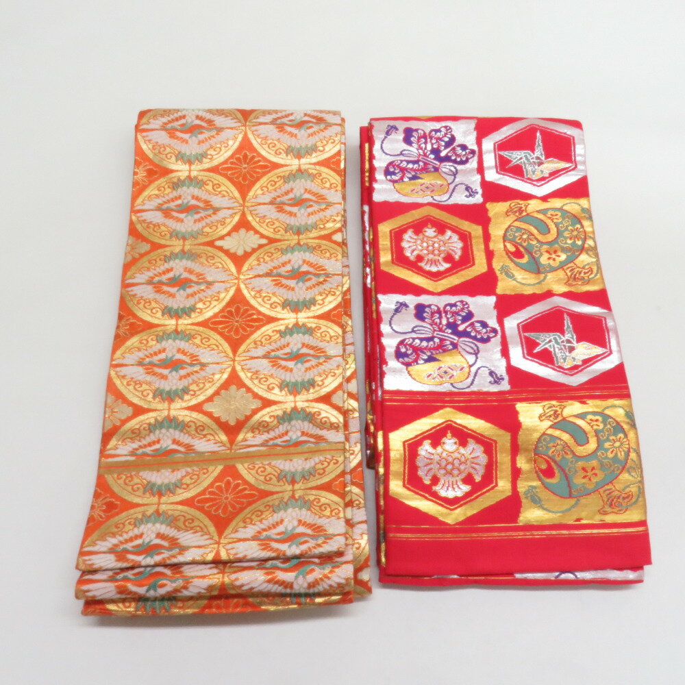 アンティーク 子供帯 2本セット 正絹 人絹 丸帯仕立て 赤色 橙色 レトロ 大正ロマン 昔着物【中古】