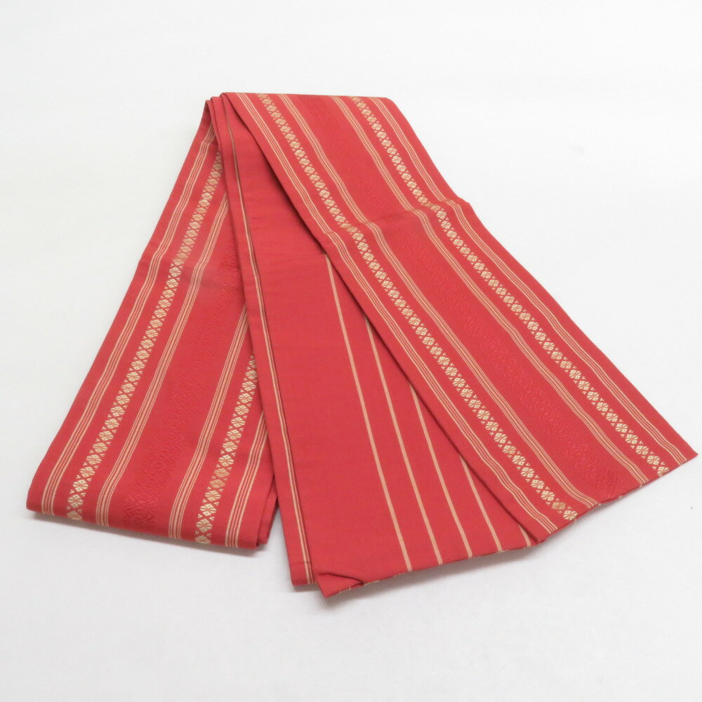 博多織 半幅帯 献上柄 臙脂色 正絹 半巾帯 小袋帯 仕立て上がり 長さ360cm【中古】