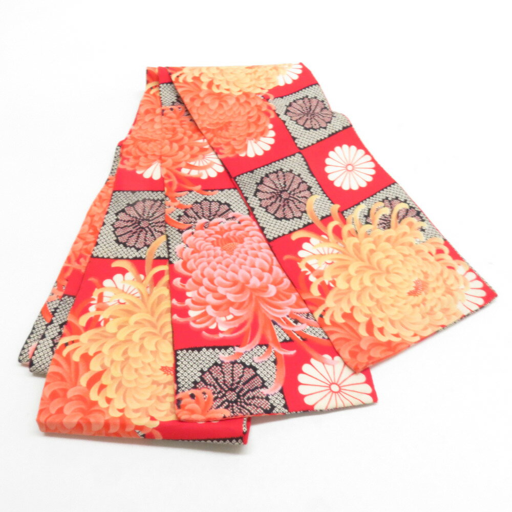 半幅帯 ウールモス 市松に菊柄 朱色 レトロ 半巾帯 着物帯 長さ352cm【中古】