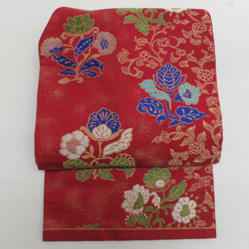 名古屋帯 アンティーク帯 昔名古屋帯 エンジ色x青色x多色 六通柄 唐草花に花々紋様 正絹 長さ319cm【中古】