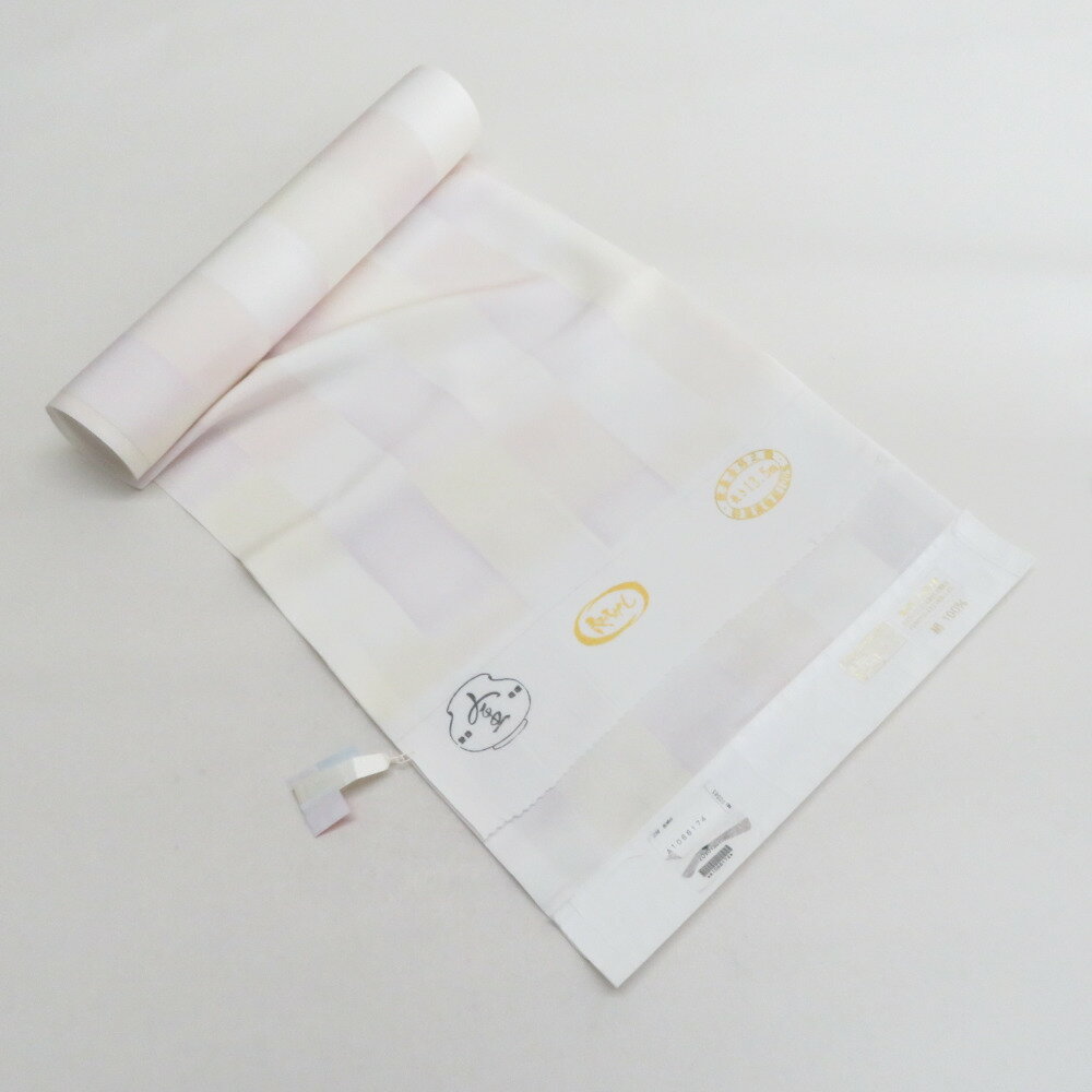 反物 長襦袢 白色x薄紫色x薄黄色 正絹 市松模様 お仕立て用 長さ1350cm 未使用品【中古】