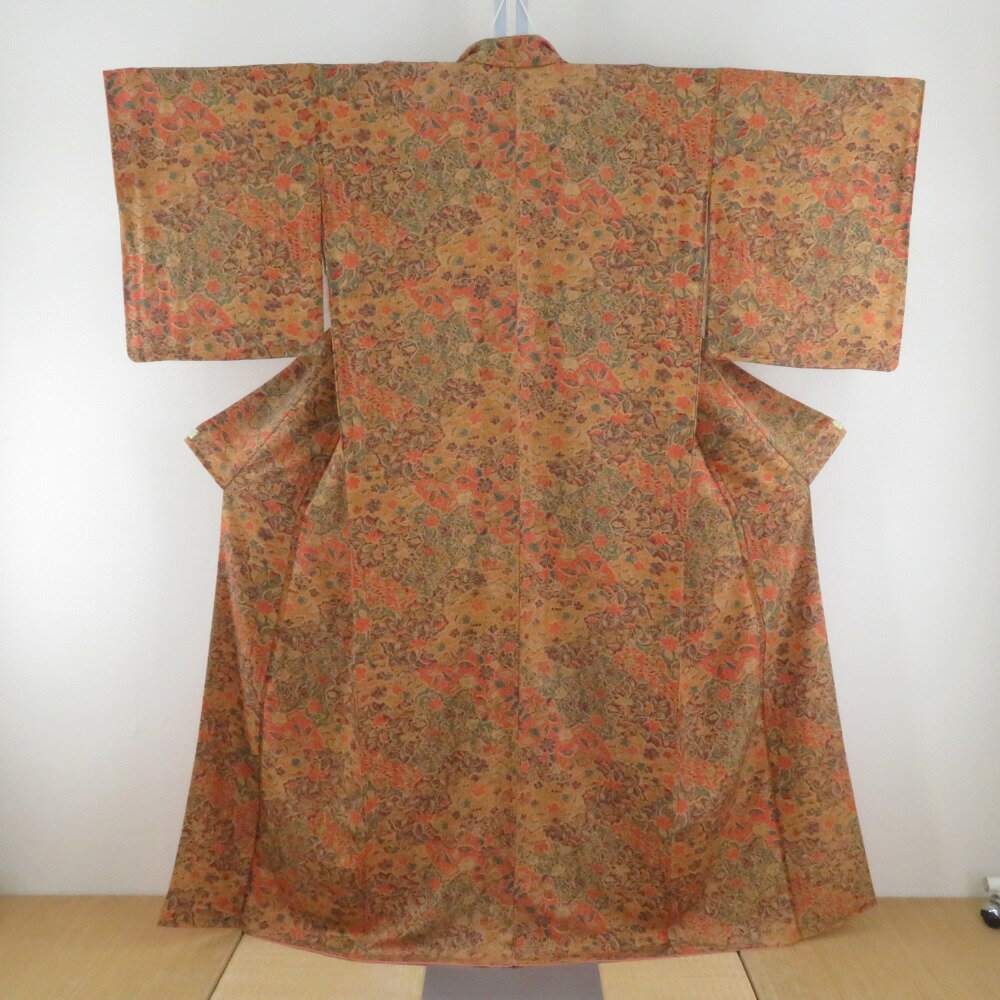 Rakuten - 小紋 袷 辛子色xオレンジ色x緑色x紫色 辻が花模様 正絹 広衿 仕立て上がり着物 身丈159cm【中古】