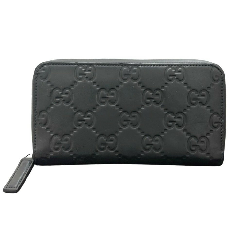 グッチ 長財布 GGラバーエフェクト ジッピーウォレット ブラック 黒 エンボス 型押し シンプル 771421 メンズ 【中古】