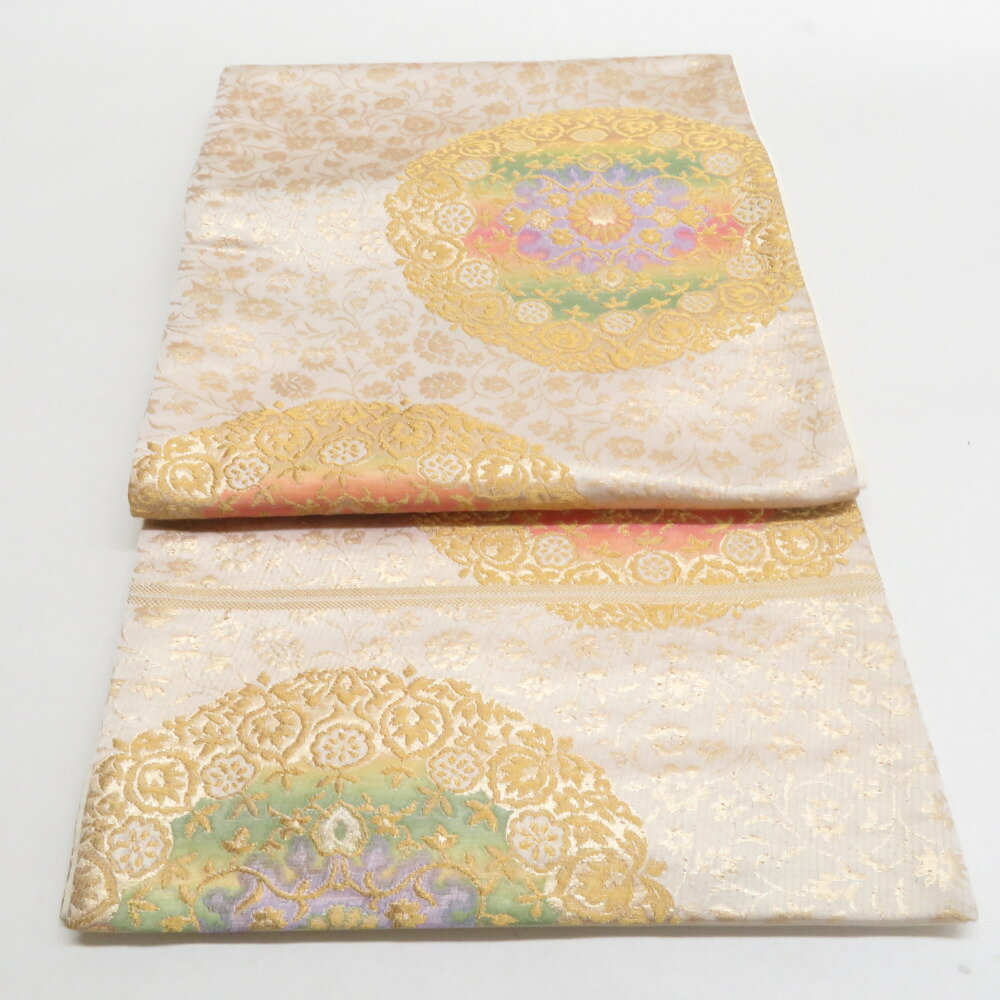 袋帯 花唐草丸文 ベージュ色 金糸 ポリエステル 六通柄 仕立て上がり 着物帯 長さ400cm【中古】