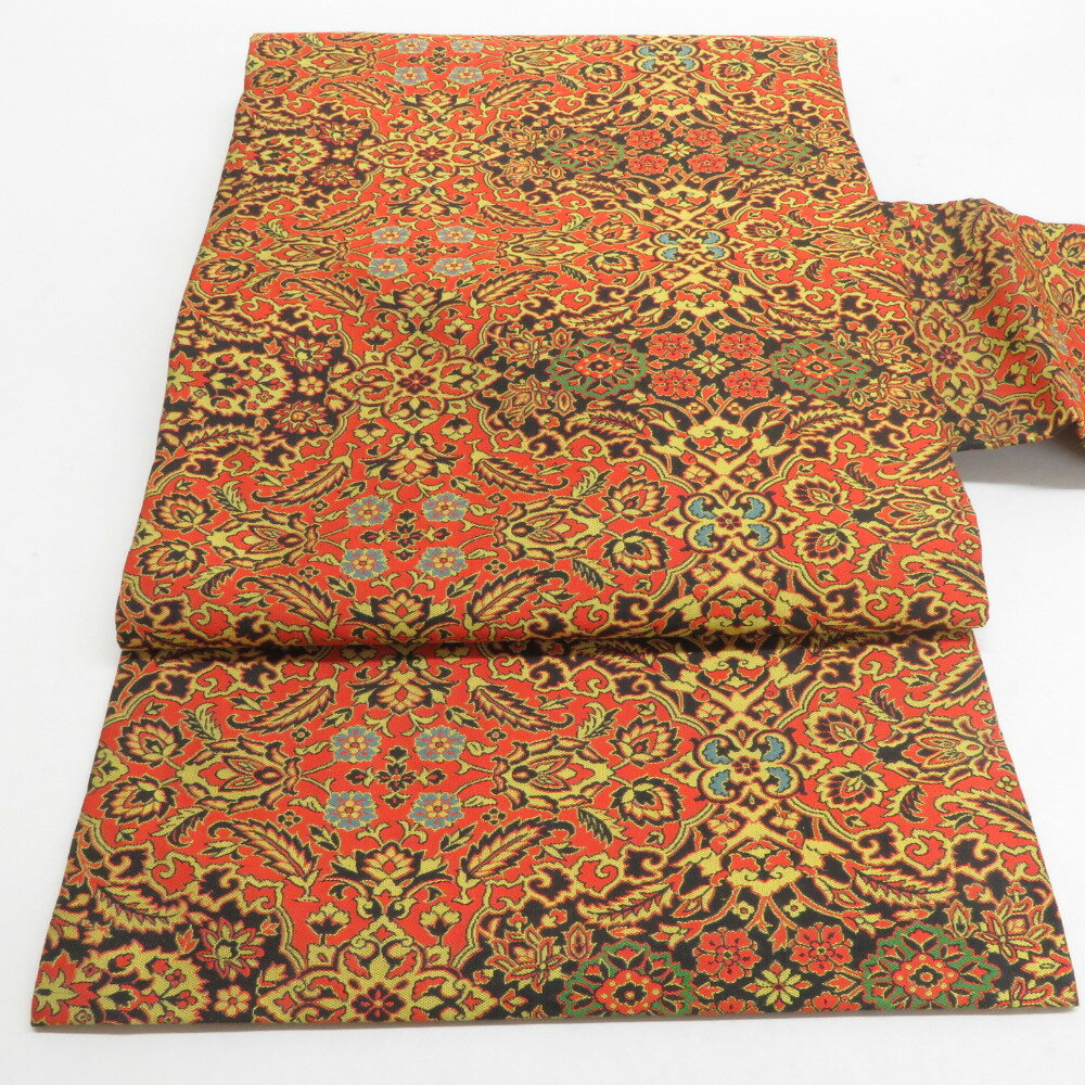 名古屋帯 正絹 紹巴織 華文柄 九寸帯 全通柄 黒橙色 カジュアル 仕立て上がり 着物帯 未着用品 長さ365cm 未使用品【中古】