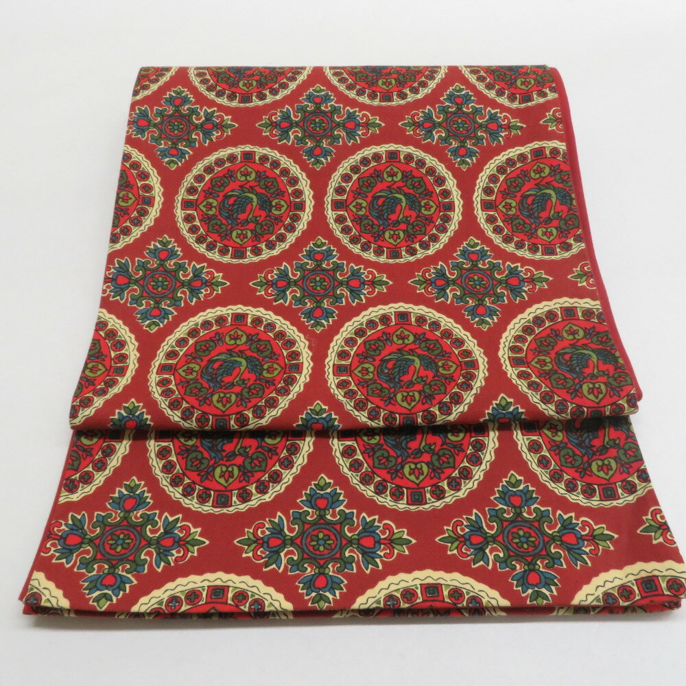 京袋帯 花鳥丸文様 木綿 全通柄 赤茶色 カジュアル 仕立て上がり 着物帯 長さ380cm【中古】