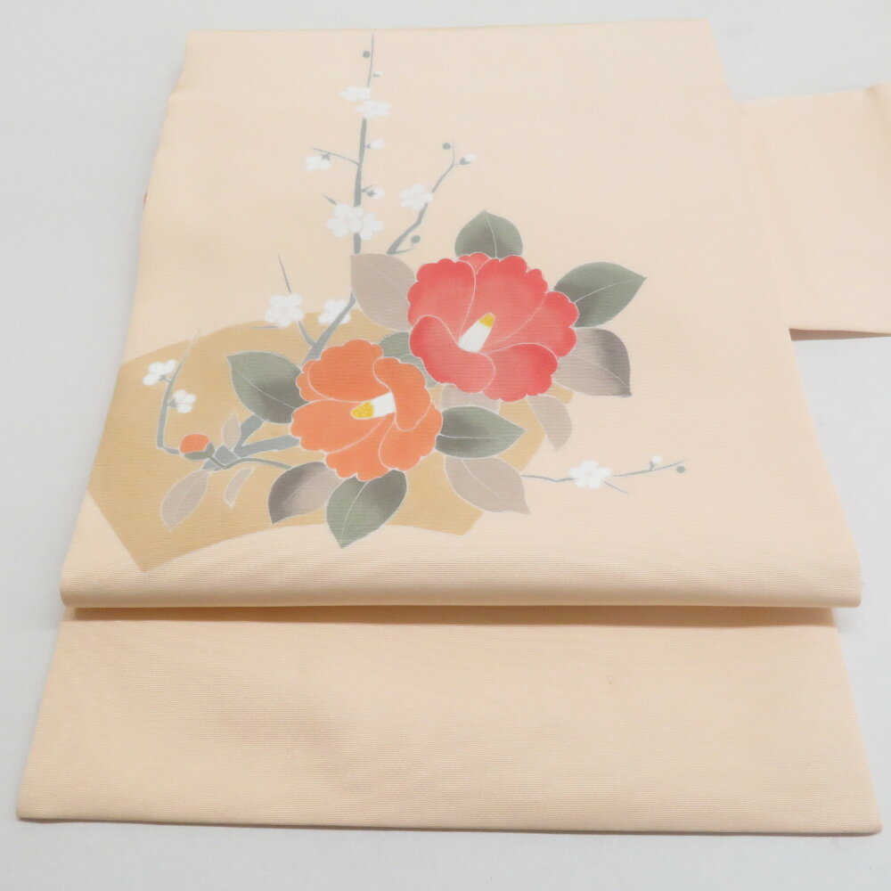 名古屋帯 正絹 塩瀬 友禅染 椿文様 お太鼓柄 九寸帯 ベージュ色 橙色 カジュアル 仕立て上がり 着物帯 長さ363cm【中古】