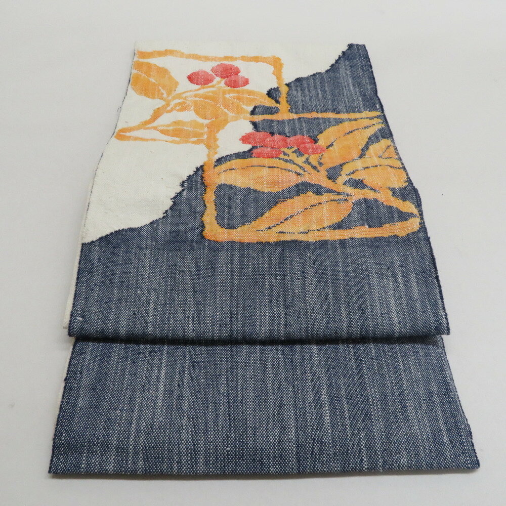 名古屋帯 正絹 紬地 南天柄 八寸帯 白色 紺色 開き仕立て カジュアル 仕立て上がり 着物帯 長さ360cm【中古】