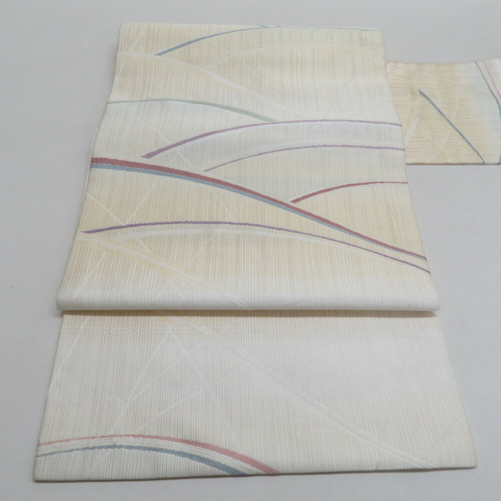 名古屋帯 織り柄 芝草文様 グラデーション ベージュ色 正絹 九寸なごや帯 六通柄 カジュアル 仕立て上がり 着物帯 長さ368cm【中古】