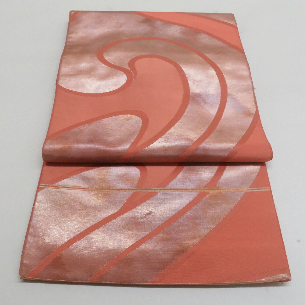 袋帯 流水文 茶橙色 箔糸 正絹 六通柄 仕立て上がり 着物帯 長さ432cm【中古】