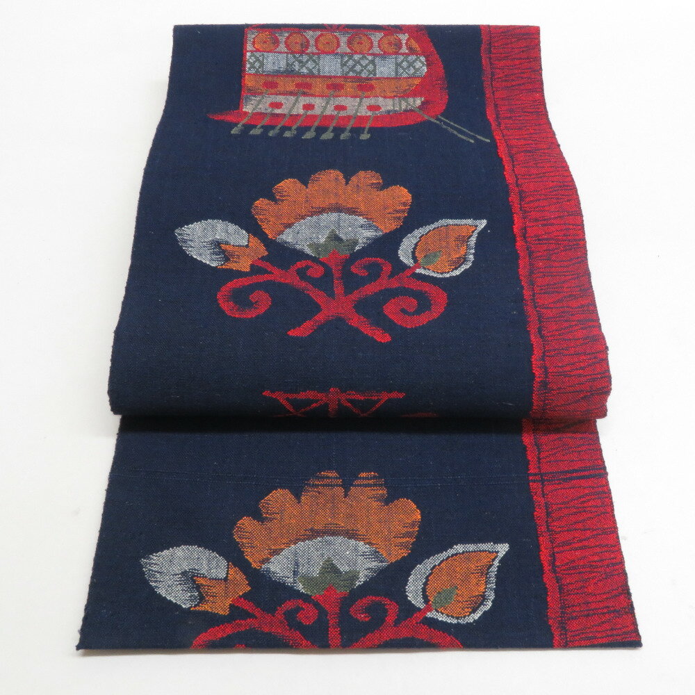 名古屋帯 正絹 紬地 異国船柄 八寸帯 紺色 松葉仕立て カジュアル 仕立て上がり 着物帯 長さ350cm【中古】