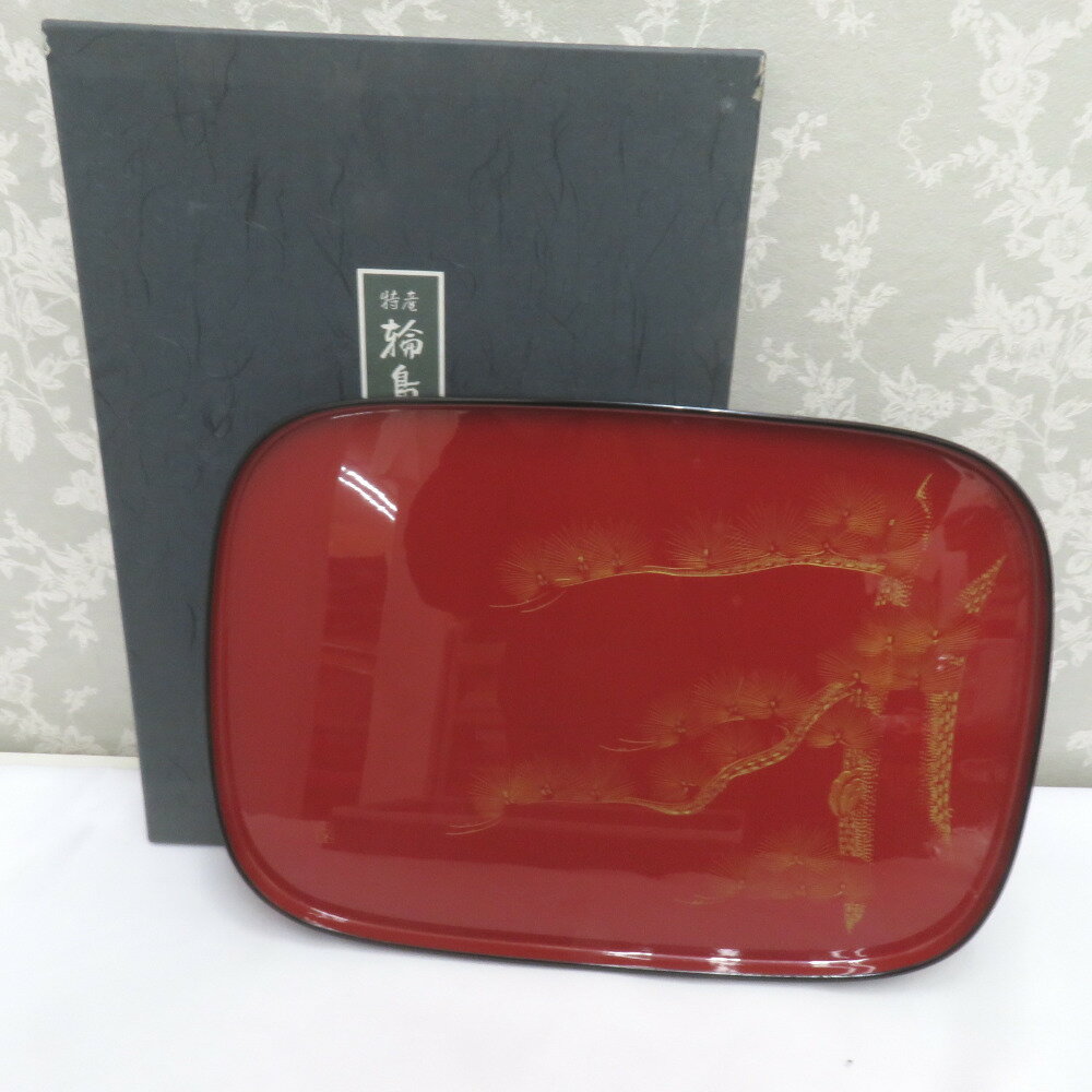 骨董・民芸品 輪島塗 平盆 お盆 漆器 沈金 松 能登輪島 箱有【中古】