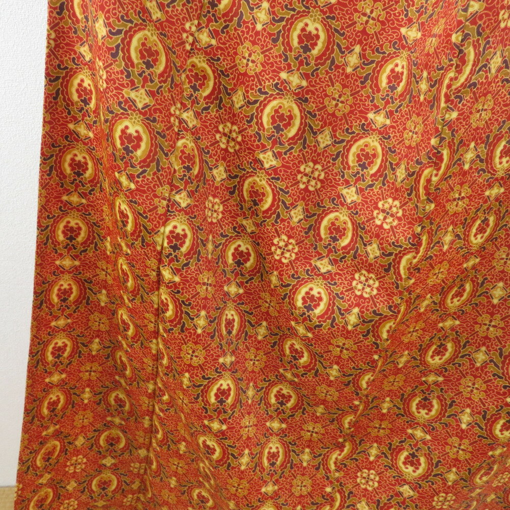 小紋 更紗格子柄 赤色 袷 広衿 ポリエステル 洗える着物 仕立て上がり カジュアル 身丈156cm【中古】