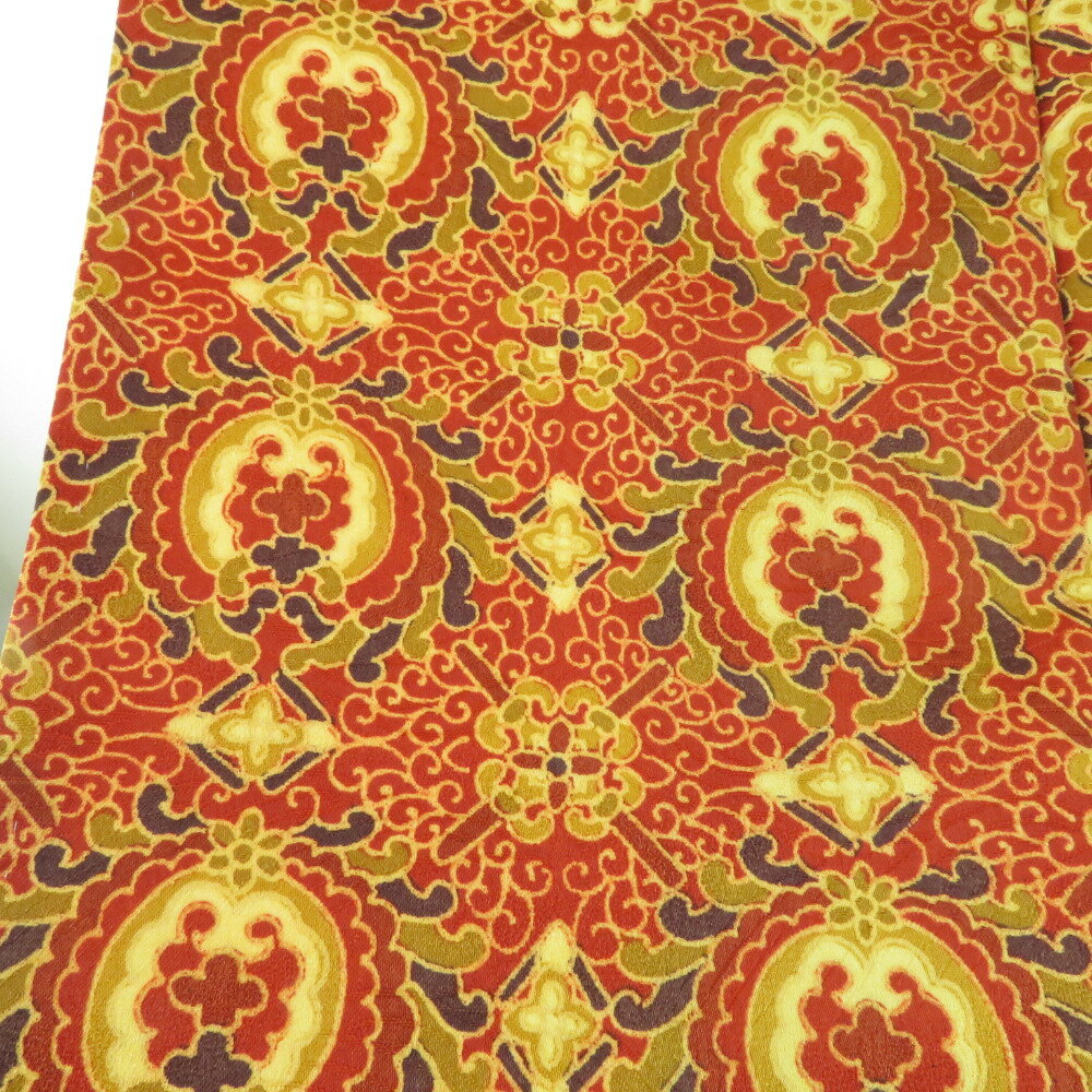 小紋 更紗格子柄 赤色 袷 広衿 ポリエステル 洗える着物 仕立て上がり カジュアル 身丈156cm【中古】