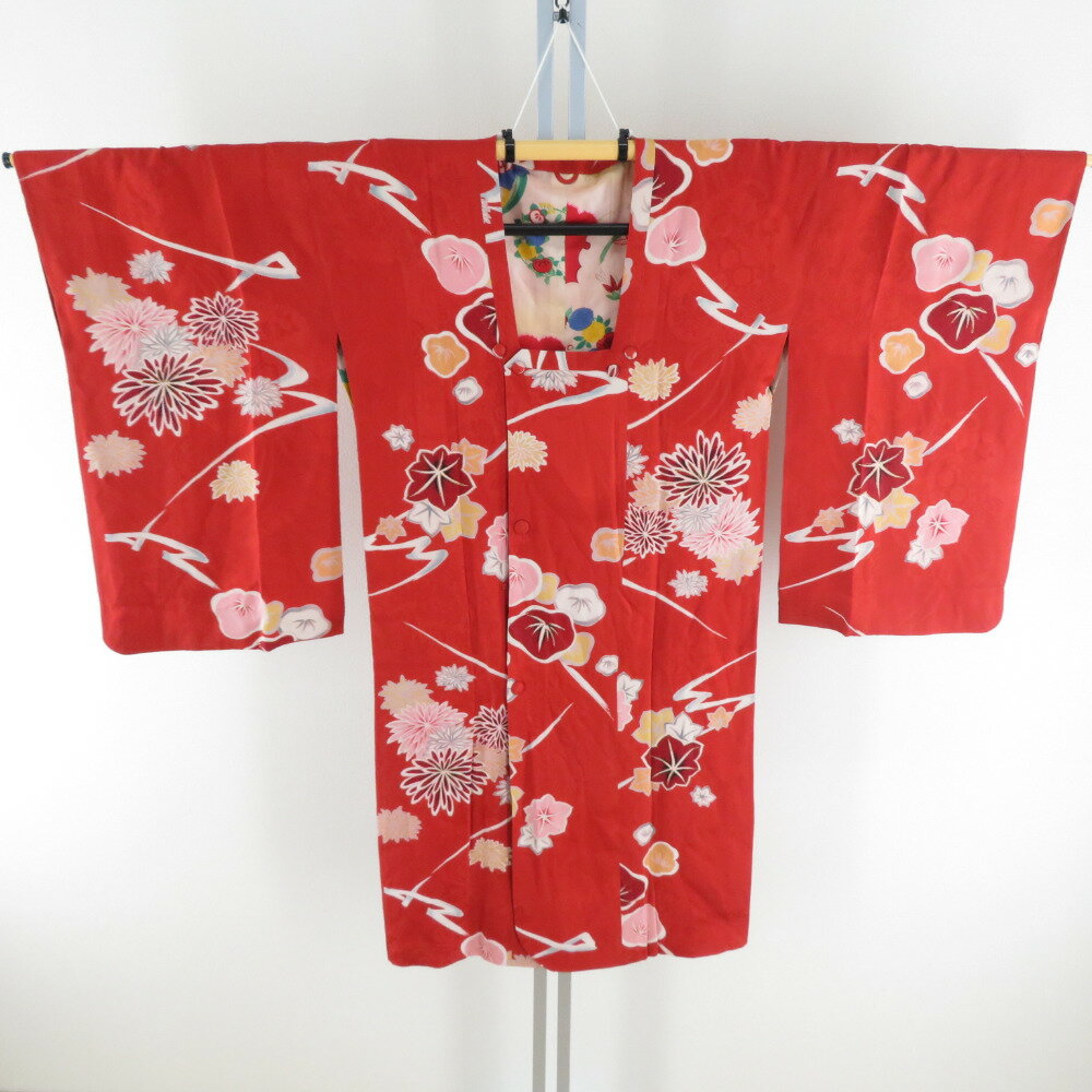 Coat - 道行 アンティーク 菊に紅葉 ちりよけコート 正絹 赤色 レトロ 着物用 身丈108cm【中古】