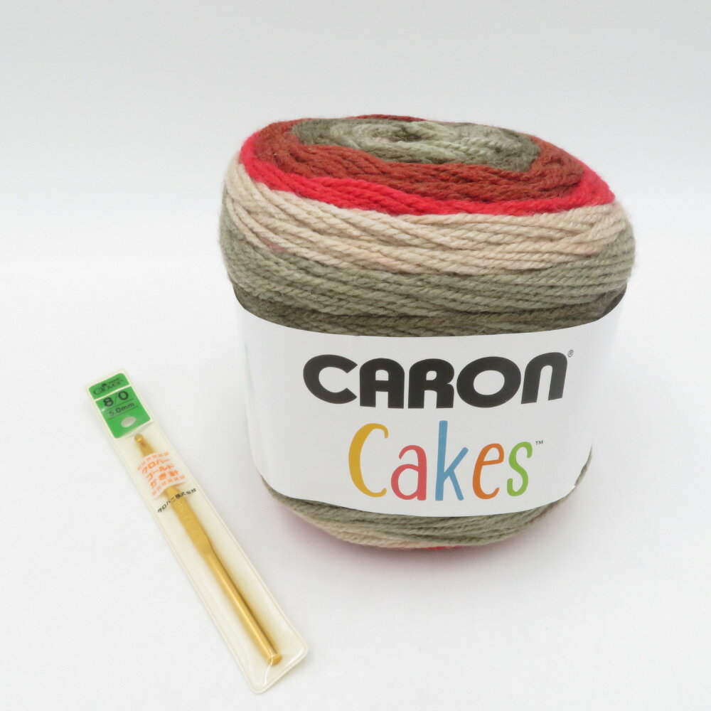 毛糸 CARON Cakes マルチカラー 1玉 200g レッド・ブラウン系 クロバーゴールドかぎ針つき 未使用品【中古】