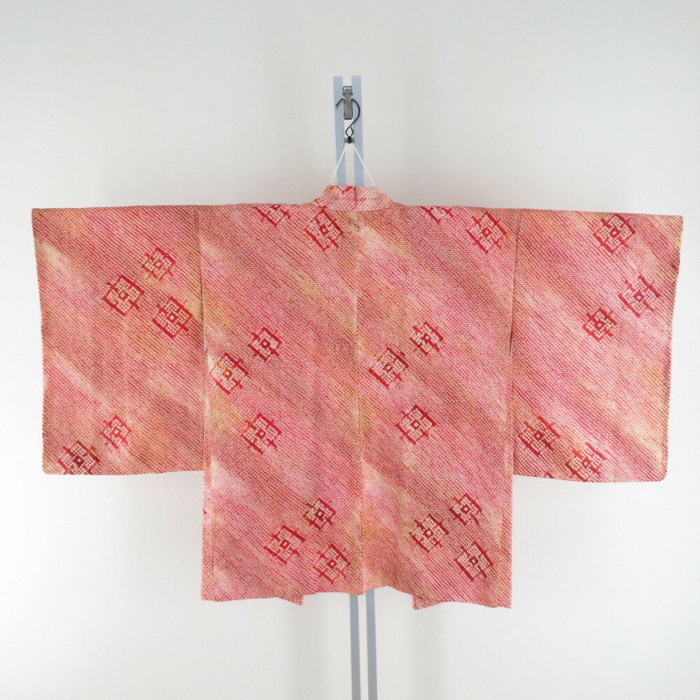 Haori - 羽織 正絹 絞り 赤色x黄色xぼかし 四角文様 着物コート 着物用 ちりよけ 防寒 上着 リメイク シルク 身丈81cm【中古】