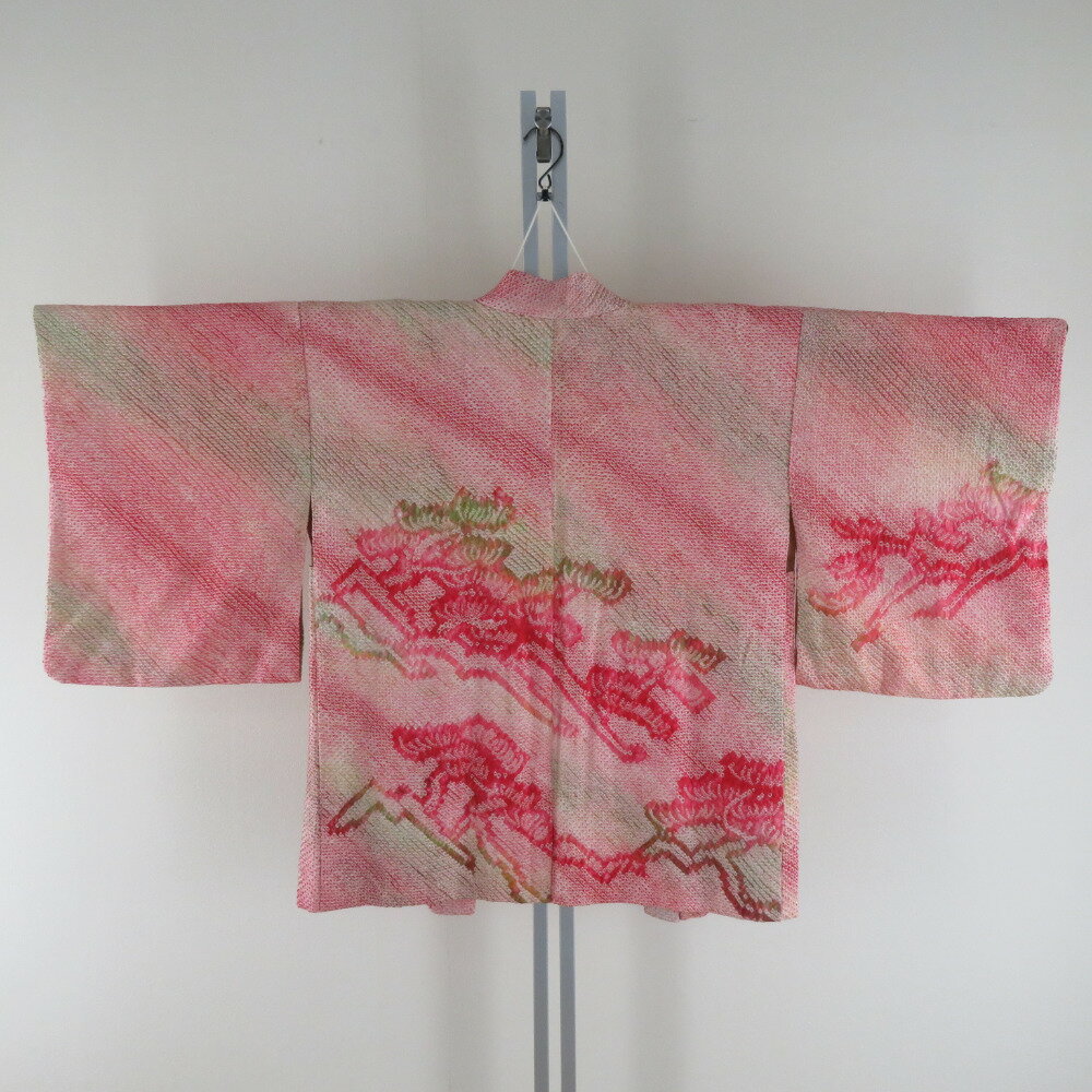 Haori - 羽織 正絹 絞り 赤色x緑色 ぼかし カラフル 花柄 着物コート 着物用 ちりよけ 防寒 上着 リメイク シルク 身丈75.5cm【中古】