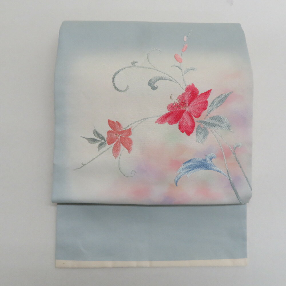 名古屋帯 オフホワイトxグレーxピンク ぼかし色 織文様 お太鼓柄 花柄 正絹 カジュアル 仕立て上がり 着物帯 長さ362cm【中古】