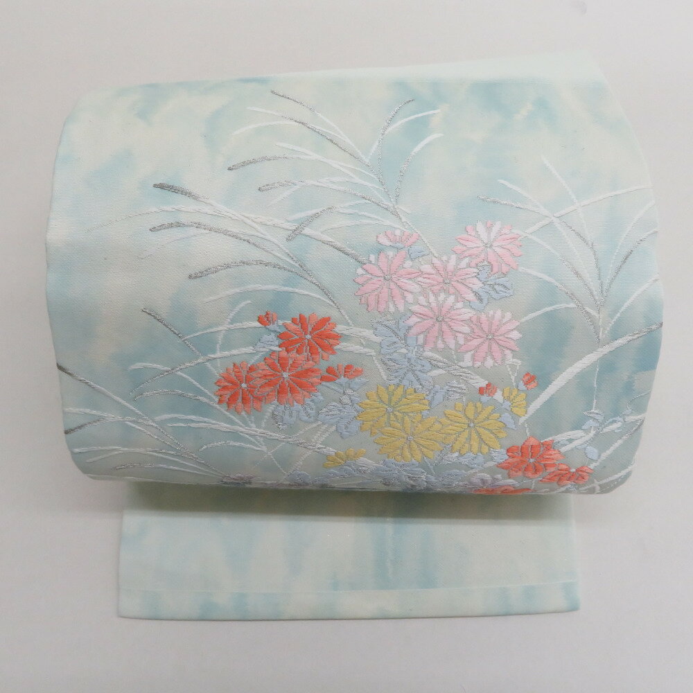 Rakuten - 名古屋帯 薄青色xピンク色xオレンジ色 パステル系 秋花紋様 お太鼓柄 正絹 カジュアル 仕立て上がり 着物帯 長さ367cm【中古】