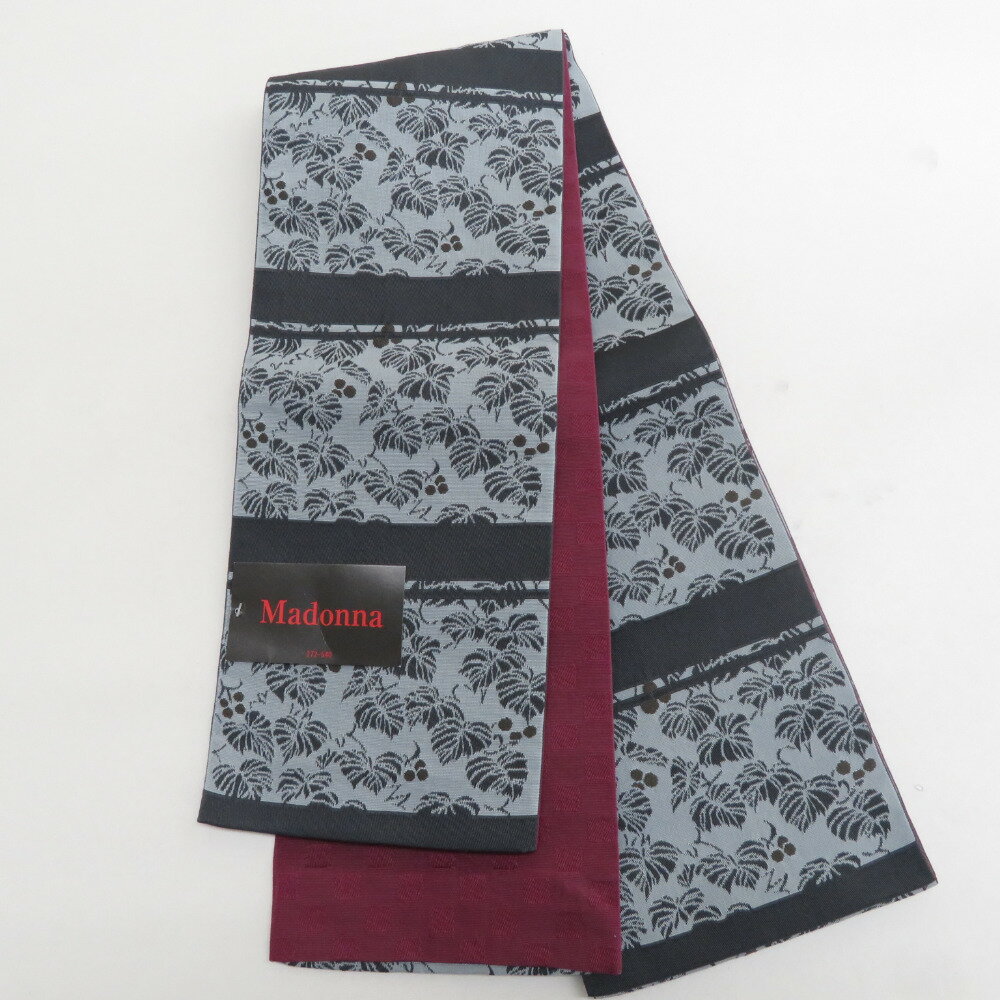 半幅帯 ポリエステル100% 灰色xエンジ色 植物模様x市松模様 浴衣帯 小袋帯 半巾帯 日本製 仕立て上がり 長さ400cm 未使用品【中古】