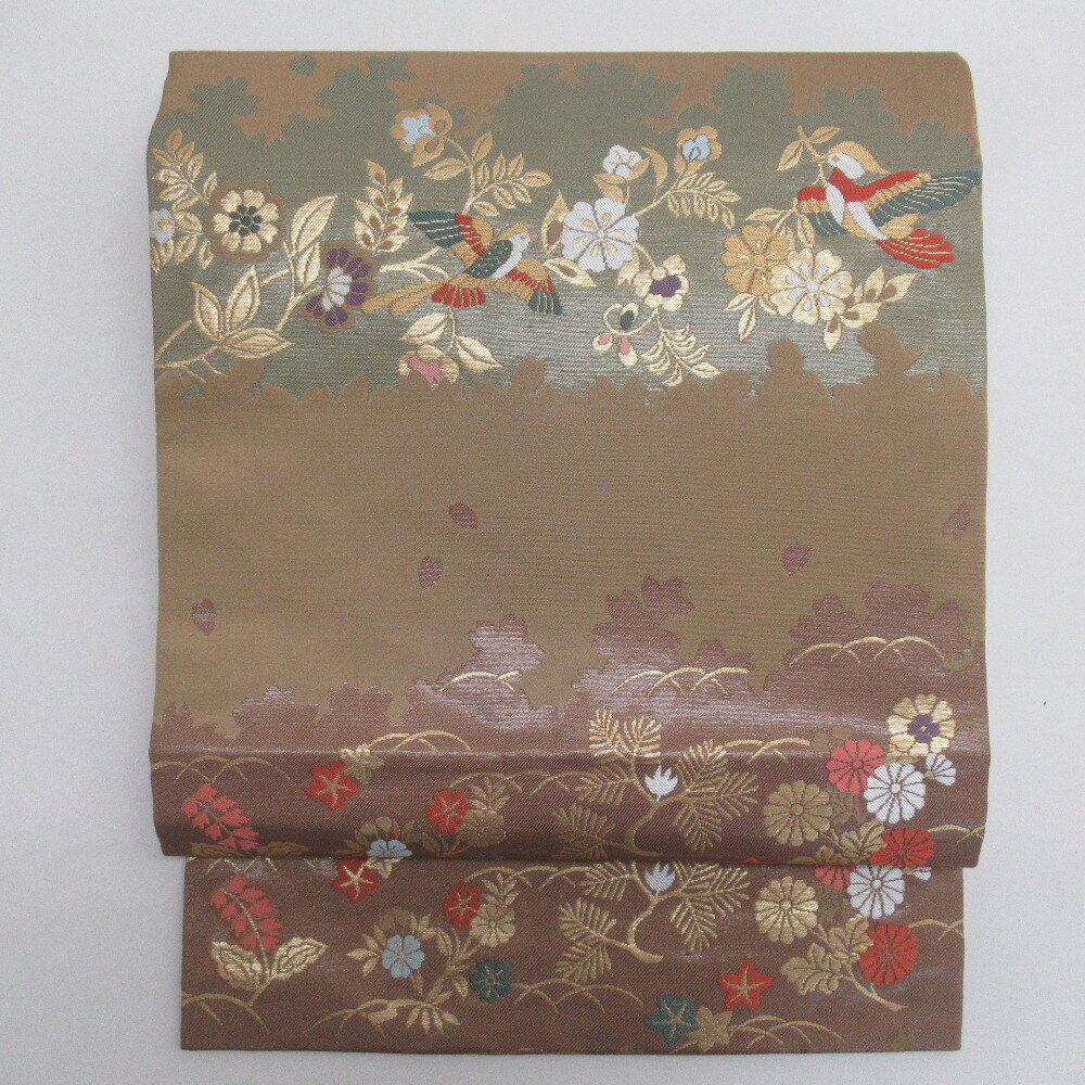 名古屋帯 正絹 花鳥紋様 六通柄 モカ茶色x緑色x多色 金糸 カジュアル 仕立て上がり 着物帯 長さ346cm【中古】