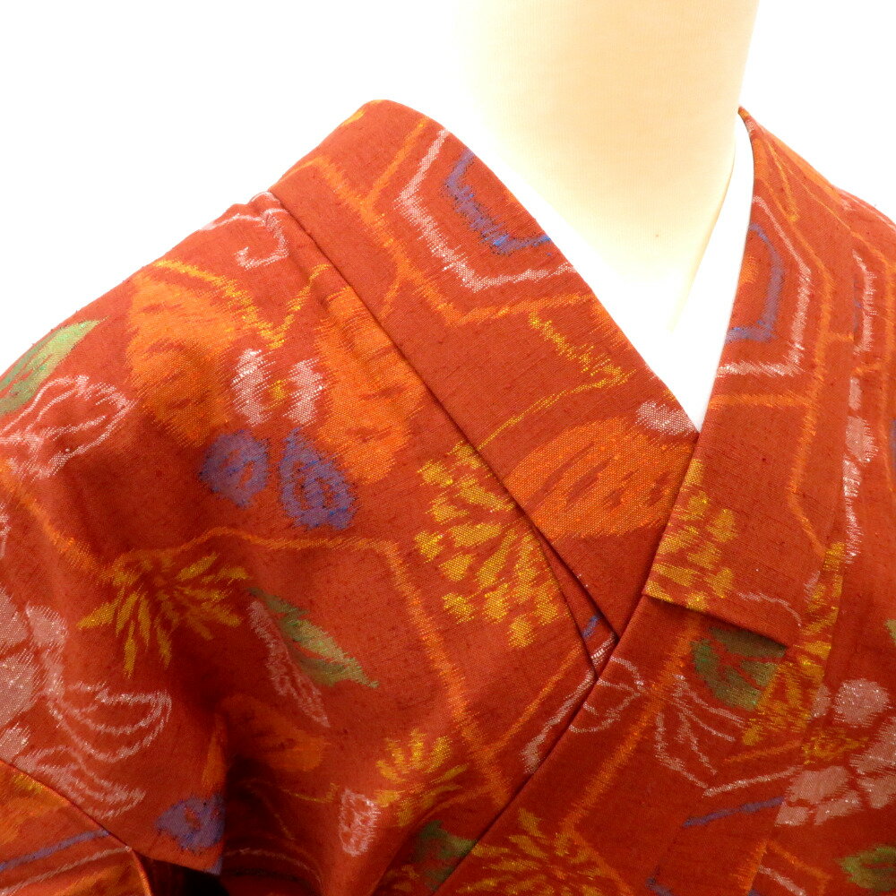 ウール着物 単衣 茶×多色 花蝶柄 バチ衿 カジュアルきもの 普段着物 仕立て上がり ウールきもの 和洋ミックス 身丈162.6cm【中古】