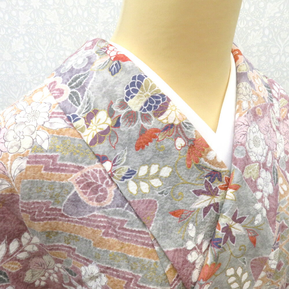 小紋 袷 グレーx多色 裂取り調デザイン花々模様 正絹 広衿 仕立て上がり着物 身丈156.2cm【中古】