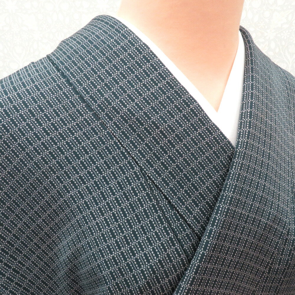 小紋 袷 紺x白 点・格子調模様 正絹 広衿 仕立て上がり着物 カジュアル 普段着物 和洋ミックス 身丈152.4cm【中古】