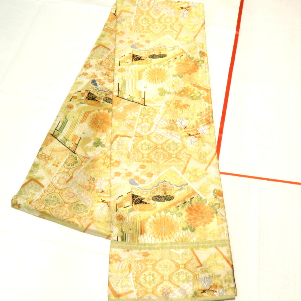 其它 - 丸帯 アンティーク帯 昔丸帯 絹 ベージュ×多色 冊子 花々文様 全通柄 昔帯 レトロモダン 明治・大正ロマン 長さ407.7cm【中古】