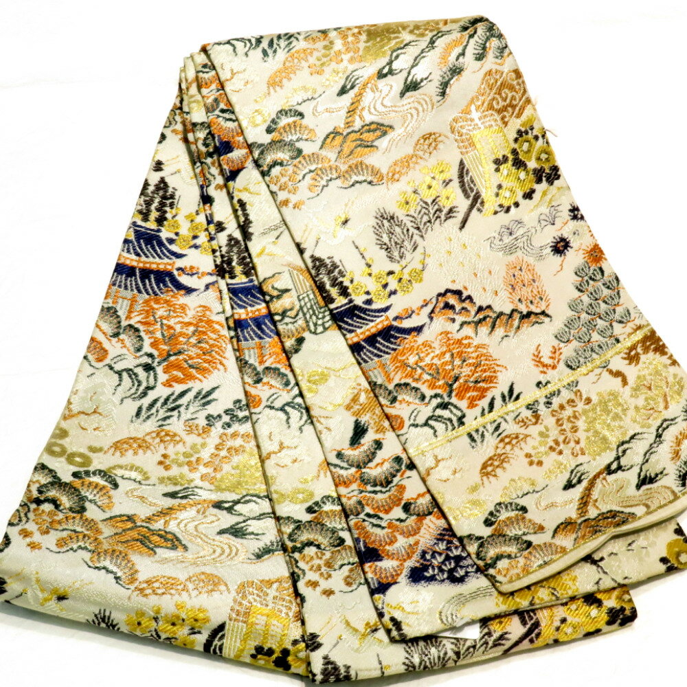 半幅帯 アンティーク 絹 ベージュ×多色 風景 家屋 御所車柄 半巾帯 レトロ 昔帯 カジュアル 和洋ミックス 長さ308cm【中古】...