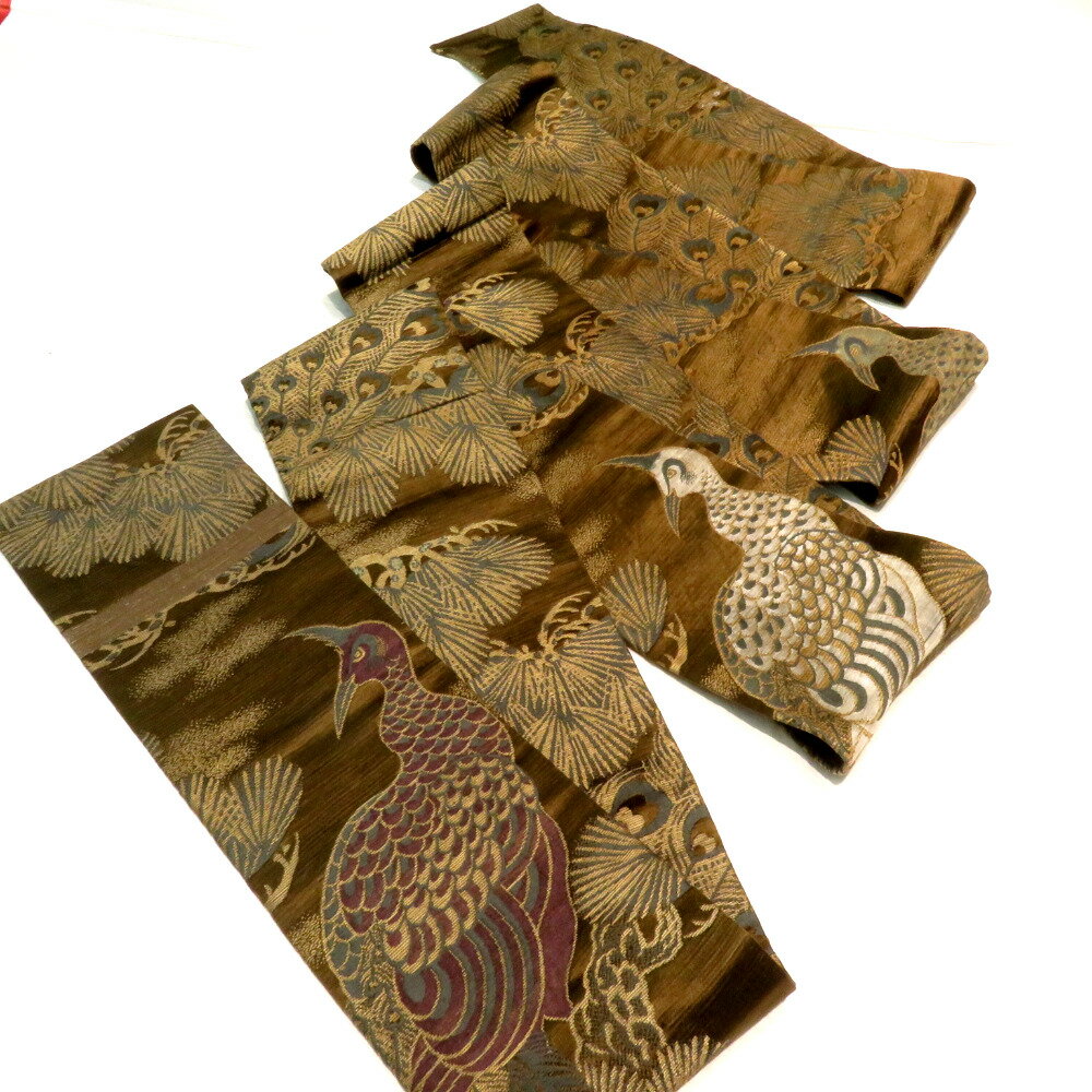 半幅帯 アンティーク 絹 カーキ系×多色 松・孔雀柄 半巾帯 レトロ 昔帯 カジュアル 和洋ミックス 長さ382cm【中古】...