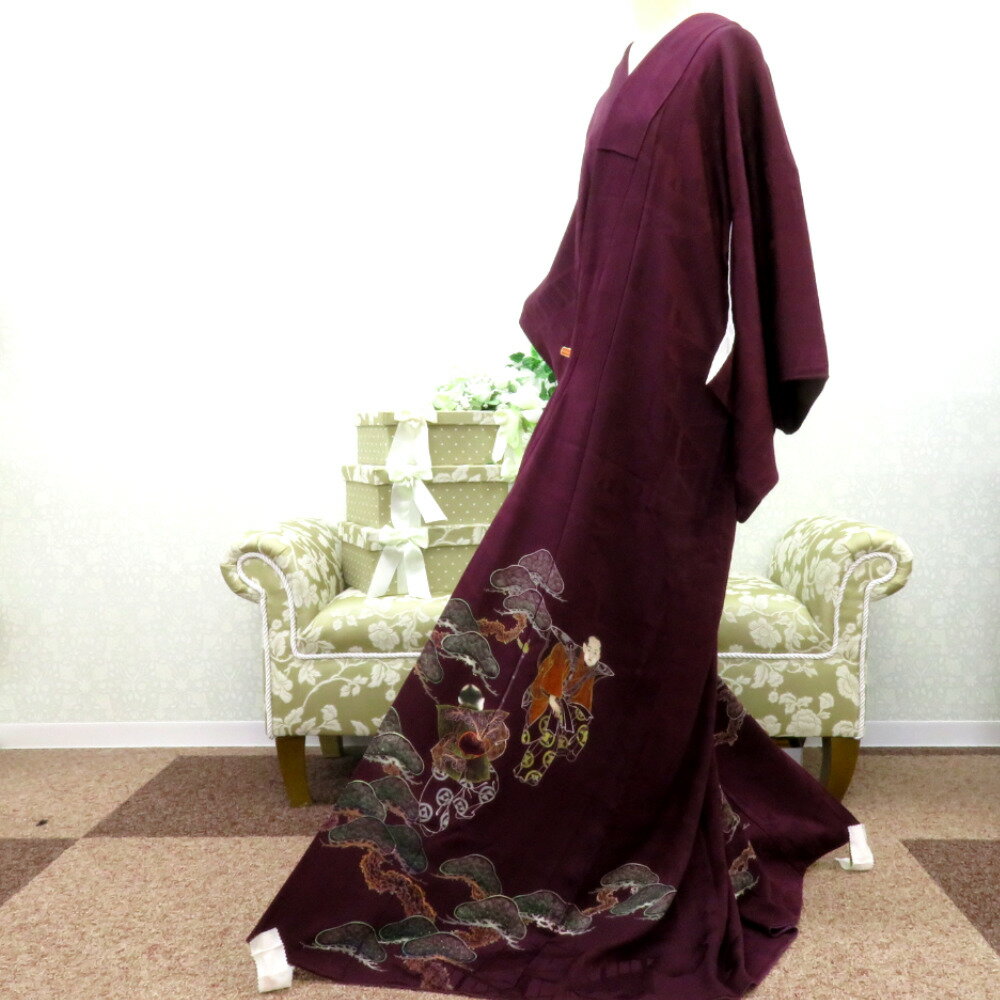 色留袖 昔 アンティーク 昔着物 紫×多色 歌舞伎 素襖落 すおうおとし 紋入り 広衿 正絹 地模様 昔きもの レトロ 明治・大正ロマン 身丈156.6cm【中古】