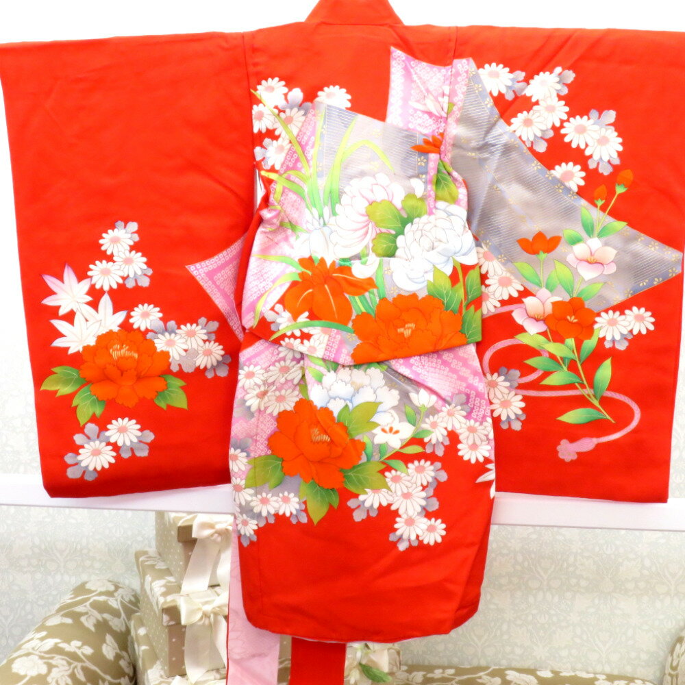子供着物 目玉品 女の子用 一つ身 きもの・襦袢・帯・小物セット 朱色x多色 正絹 花々文様 フォーマル 女児 七五三 祝着 子供きもの 身丈74cm【中古】