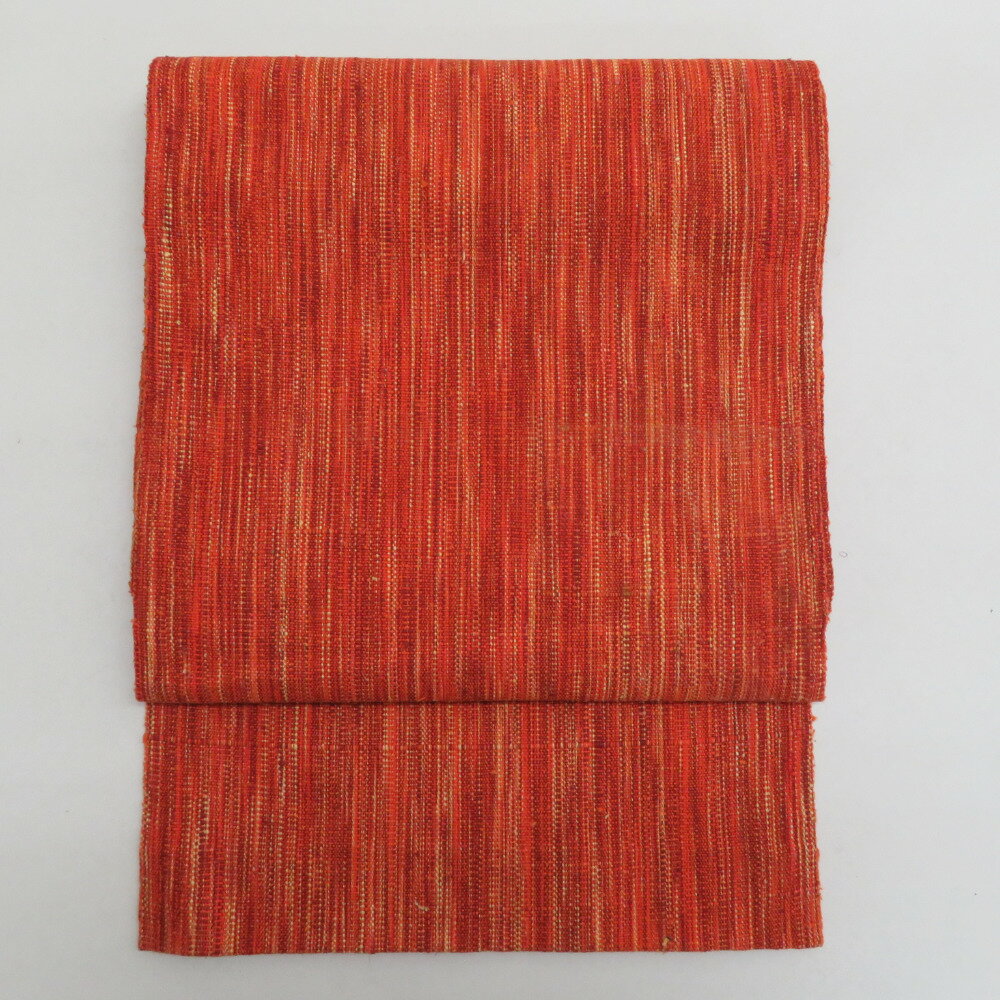 Nagoya Sash - 名古屋帯 正絹 紬 オレンジ色x黄色 縞模様 全通柄 着物帯 カジュアル 長さ342cm【中古】