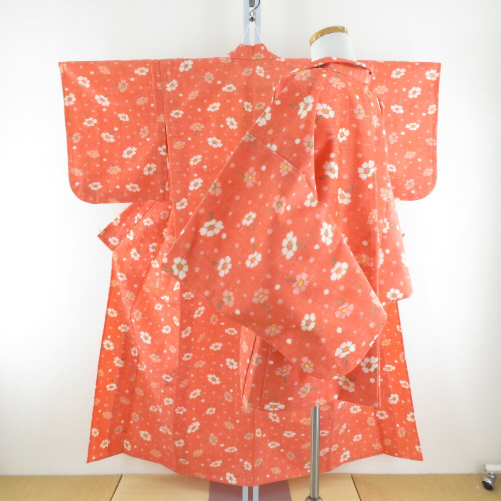 ウール着物 アンサンブル 着物と羽織2点セット 単衣 オレンジ色x白色 花に玉模様 バチ衿 カジュアルきもの 普段着物 仕立て上がり 身丈150cm【中古】