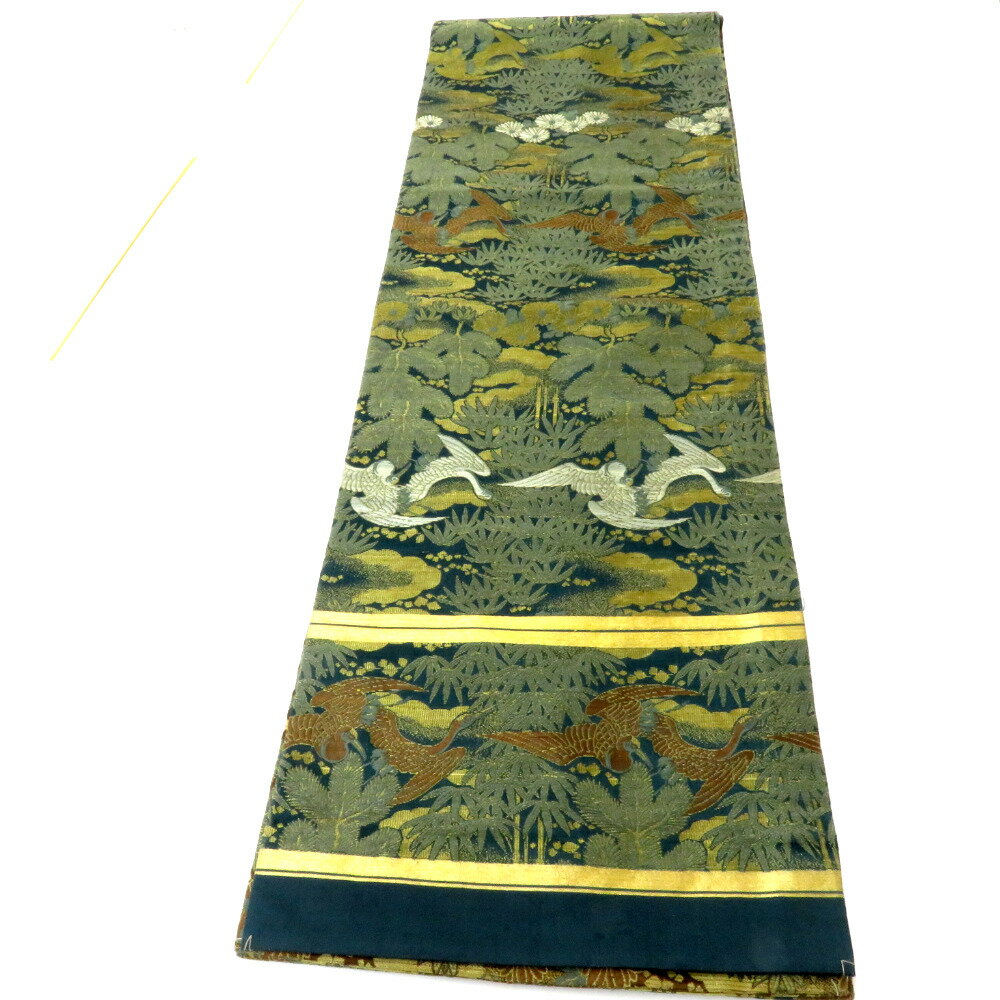 丸帯 アンティーク帯 昔 緑黒茶×金茶白 夫婦鶴 花 雲 全通 昔帯 正絹 レトロモダン 明治・大正ロマン 長さ398.5cm【中古】