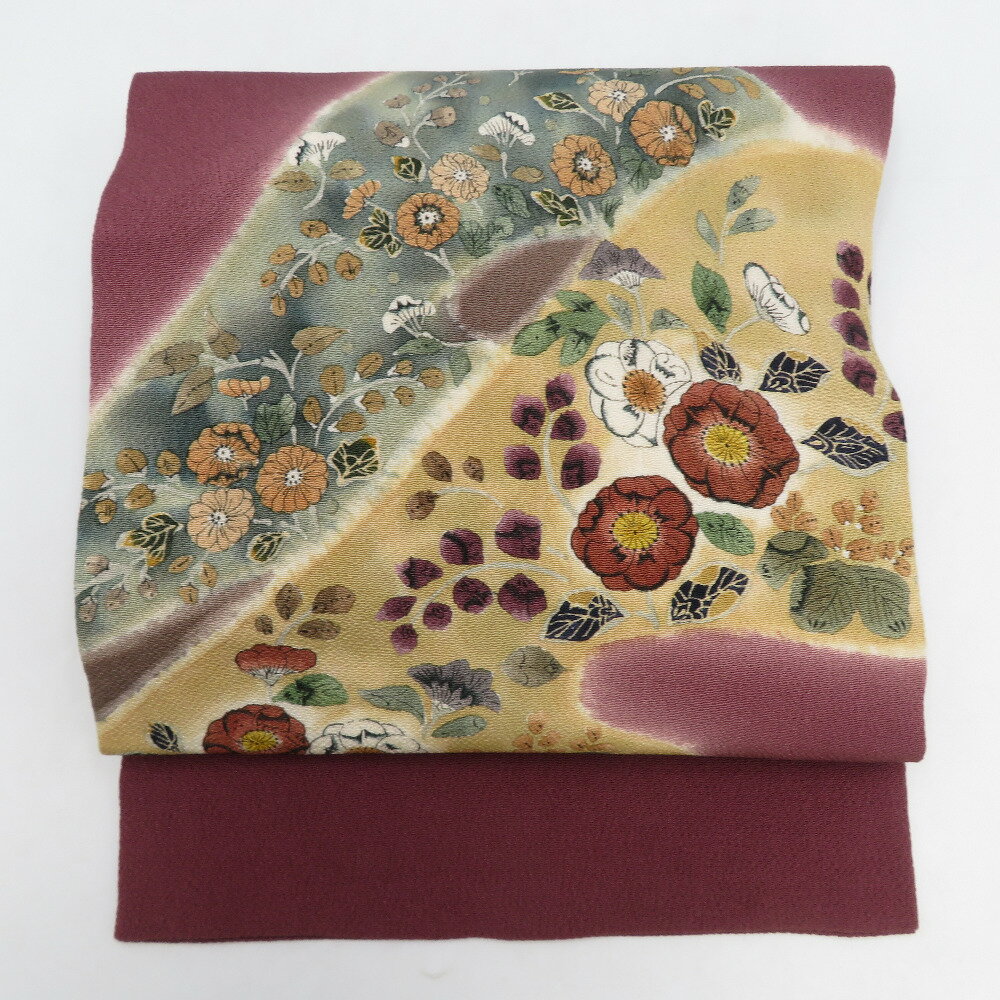 名古屋帯 染め模様 落款入り 縮緬 小豆色x多色 お太鼓柄 辻が花文様 正絹 カジュアル 着物帯 長さ372cm【中古】