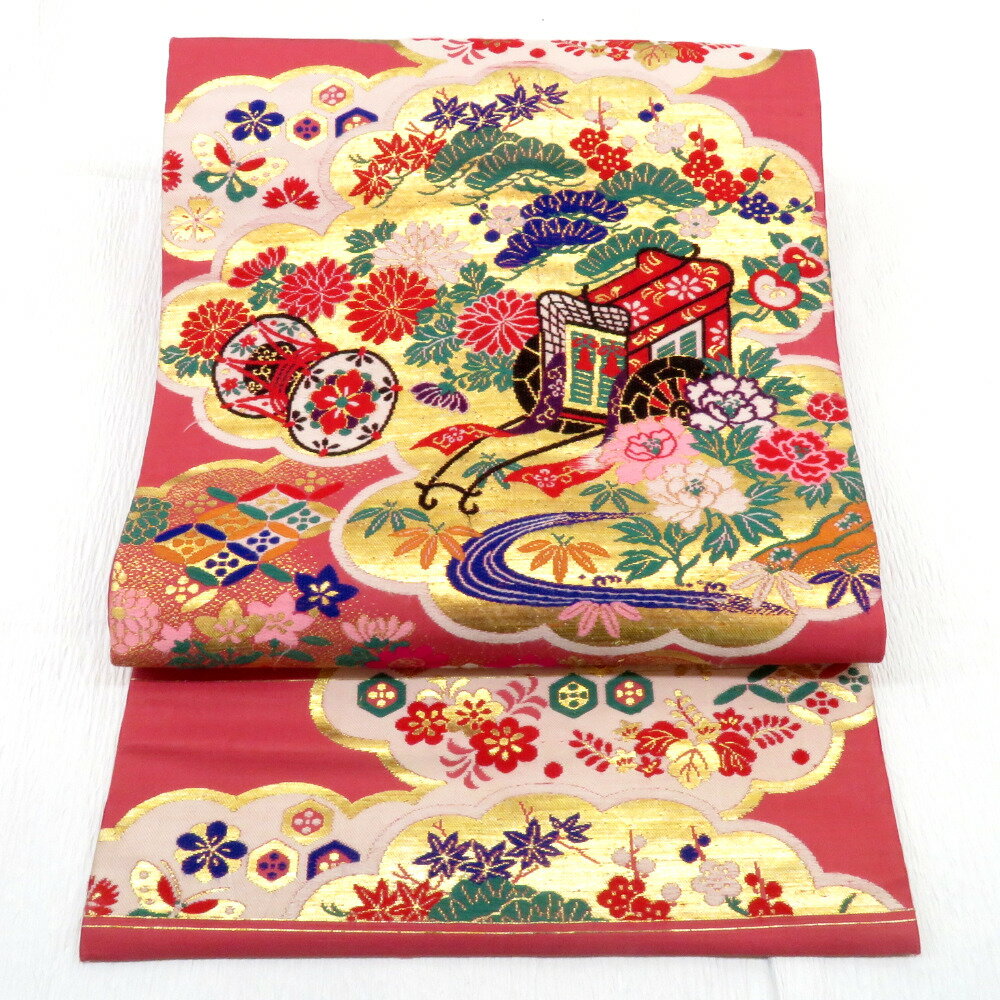 名古屋帯 アンティーク帯 昔名古屋帯 赤茶色ｘ青色 花模様 昔帯 レトロ 長さ335cm 【キモノオフ野々市若松店】 名古屋帯｜KIMONO・OFF キモノオフ【公式】きもの通販サイト - KIMONO