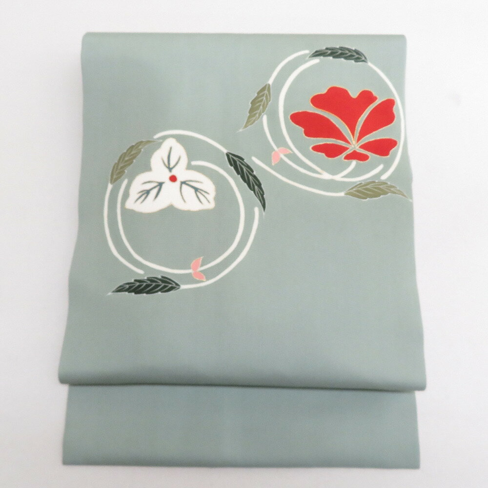 Nagoya Sash - 名古屋帯 塩瀬 染め模様 緑色x白色x赤色 花文様 お太鼓柄 金駒刺繍入り 正絹 カジュアル 着物帯 長さ362cm【中古】