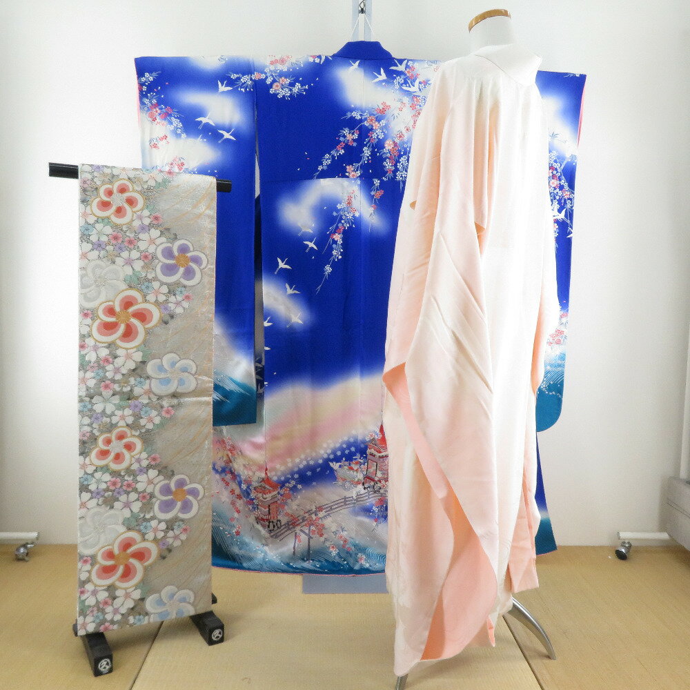 振袖 正絹 3点セット【着物 長襦袢 袋帯】箔入り 青色x白色xピンク色x多色 祇園祭鉾文様 仕立て上がり...