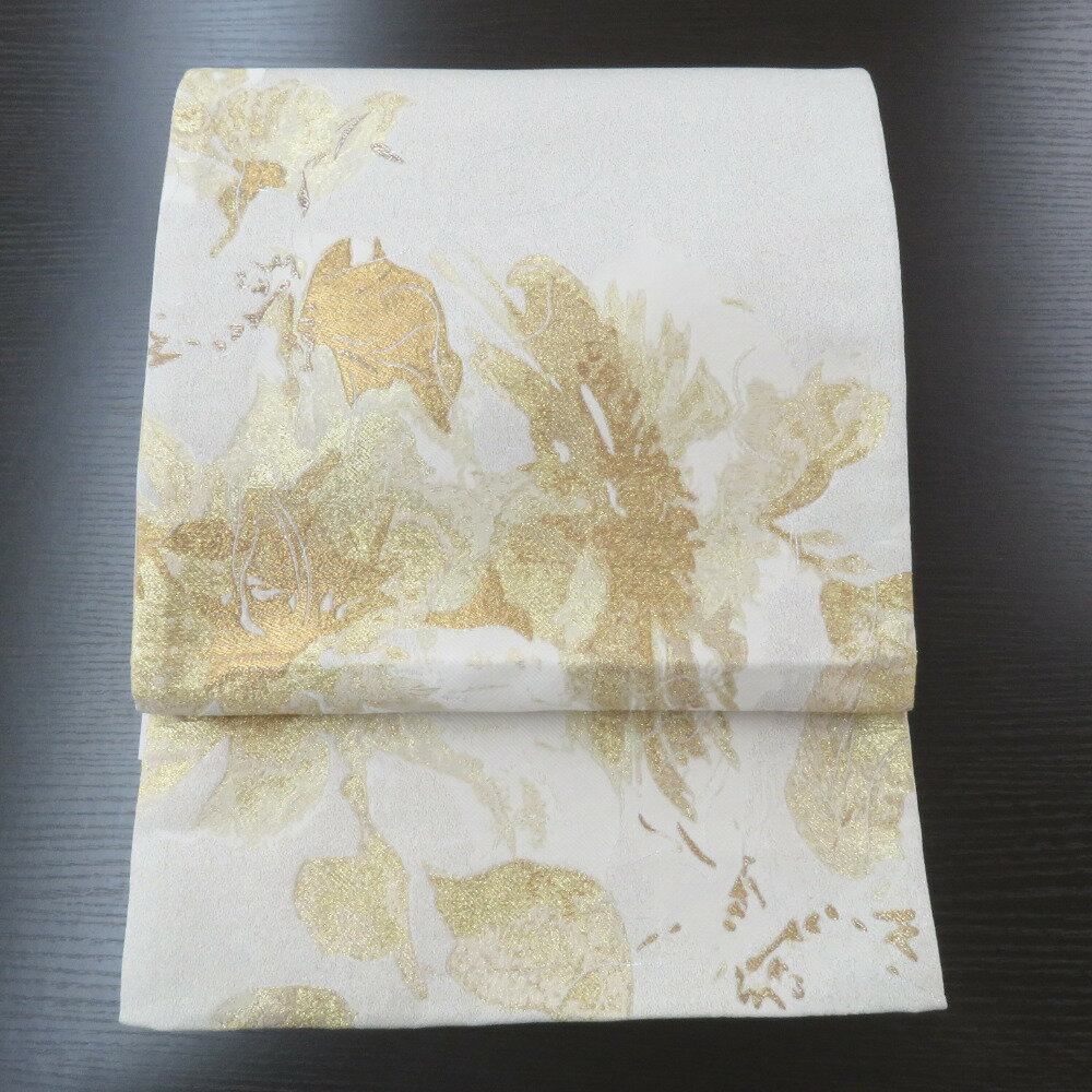 袋帯 振袖用 シャンパンゴールド×ゴールド×シルバー メタリック調糸 花 六通柄 ポリエステル フォーマル 仕立て上がり 着物帯 Freek 日本製 長さ460cm 新品